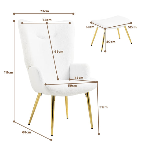 Rootz Wing Chair with Stool - Lounge Chair - Accent Chair - High Back Comfort - 73W x 68D x 111H cm, 52W x 38D x 40H cm, White Sherpa Cover, Gold Legs