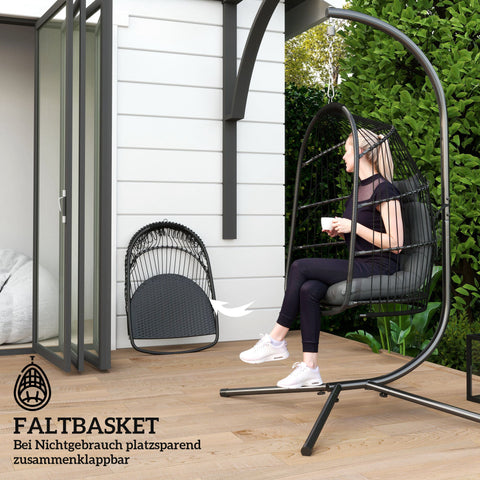 Rootz Hanging Chair Hanging Basket - Swing Chair - Egg Chair - Ergonomic Comfort - 74L x 68W x 105H cm - Grey and Black