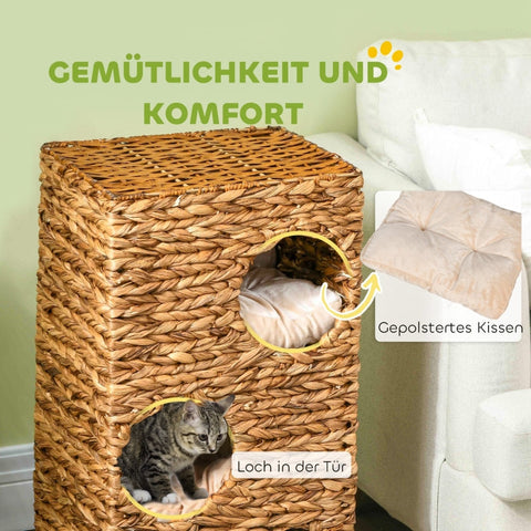 Rootz Cat Tower - Cat Scratching Post - Cat Condo - Water Hyacinth - Multi-level - Washable Cushions - 40cm x 31cm x 76cm
