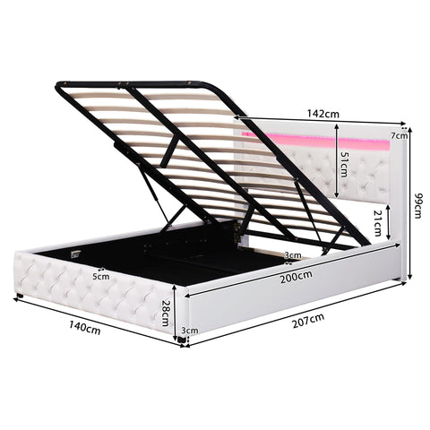 Rootz Upholstered Bed - Slatted Frame - Storage Space - LED Lighting - 140 x 200 cm - White - Durable PU Frame - 207L x 142W x 99H cm