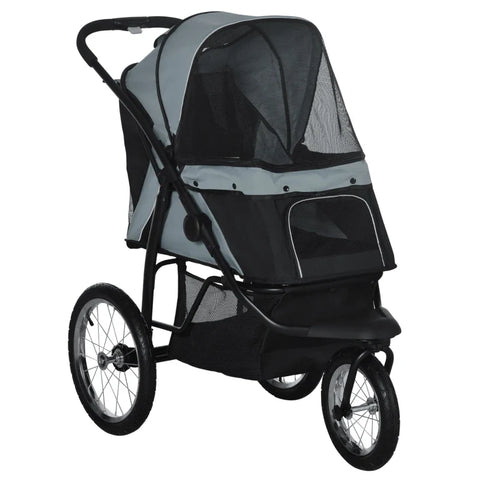 Rootz Folding Dog Stroller - Pet Stroller - Sun Shade - Mesh Window - Storage Basket - Gray - 111 x 58 x 107 cm