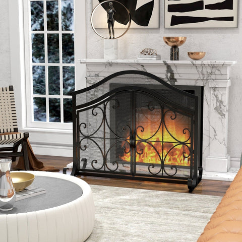 Rootz Elegant Fireplace Protection Grille - Arch Design - Spark Guard - Double Doors - Powder-Coated Steel - 105cm x 40cm x 80.5cm