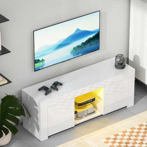 Rootz TV Cabinet - Entertainment Unit - Media Console - Enhances Atmosphere - 120cm x 34cm x 45cm - Chipboard, Glass, White with RGB LED Lights