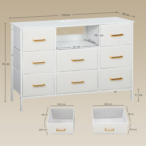 Rootz Chest of Drawers 8 Drawer Storage Cabinet - Dresser - Sideboard - Built-in Power Strip - White - 110x30x76cm - Soft Boucle Fabric, Stylish, Spacious