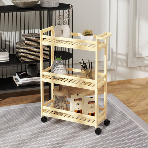 Rootz 3 Floor Bamboo Serving Cart - Storage Car - Rolling Trolley - Mold-Free Slat Shelves - 55cm x 20cm x 75cm