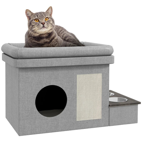 Rootz Cat House - Feeding Place - 2 Stainless Steel Bowls - Scratching Mat - Soft Lounger Cushion - Gray - 78 x 48 x 49.5 cm
