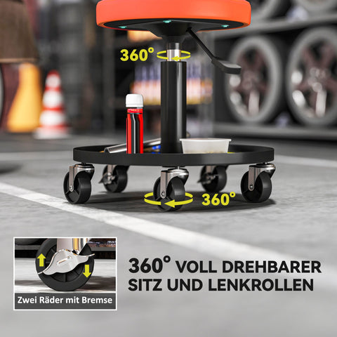 Rootz Workshop Stool with Rollers - Garage Chair - Mechanic Seat - Height Adjustable - 38cm x 38cm x 38-50cm Orange