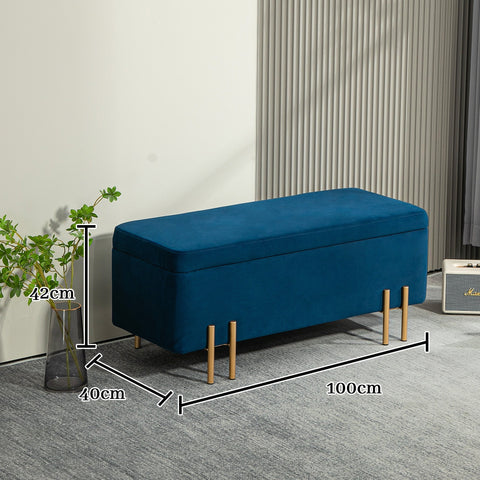 Rootz Dark Blue Upholstered Bench - Storage Bench - Footrest - Hidden Storage - 100 x 40 x 42 cm