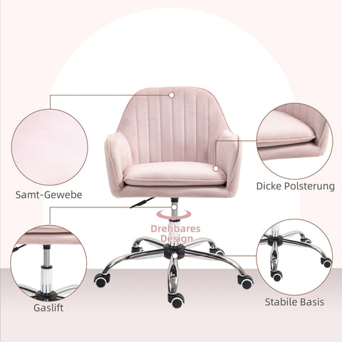 Rootz Pink Desk Chair - Adjustable Office Chair - Rotating Home Chair - Velvet Comfort - 57cm L x 58cm W x 84-97cm H