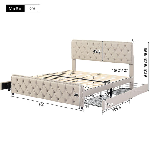 Rootz Upholstered Bed - Height-Adjustable Headboard - Storage Bed - 4 Drawers - Linen - 211.5cm x 160cm x 96.5-108.5cm - Beige