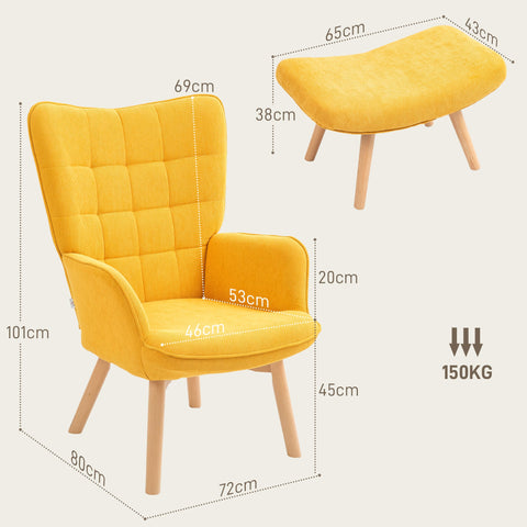 Rootz Accent Chair with Stool - Relaxation Chair - Armchair - Wood Legs - High Comfort - 72cm x 80cm x 101cm - Yellow Corduroy