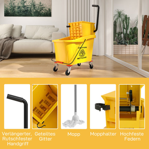 Rootz 36L Wheeled Cleaning Bucket - Mop Trolley - Mop Caddy - Quick Wring Efficiency - 55cm x 37cm x 65cm