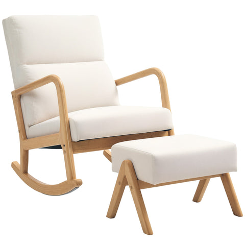 Rootz Rocking Chair with Stool - Softly Padded - Linen-Look - Ultimate Comfort - 65W x 96D x 94.5H cm - Cream White