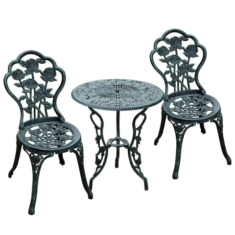 Rootz 3 Piece Bistro Set - Garden Furniture - Outdoor Patio Set - Antique Green - Weatherproof - Durable - Parasol Holder - Chair: W49 x D40 x H82 cm, Table: Ø60 x H69 cm