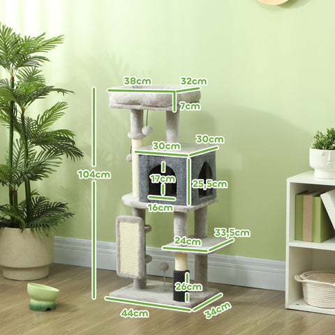 Rootz Scratching Post Cat Tower - Activity Center - Plush Bed - Protect Furniture - 44b x 34t x 104h cm - Grey