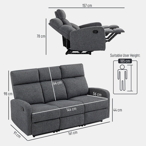 Rootz 3-Seater Sofa - Adjustable Backrests - Reclining Couch - High-Density Foam Comfort - Grey - 161cm x 157cm x 78cm