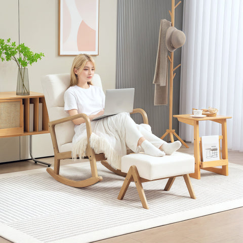 Rootz Rocking Chair with Stool - Softly Padded - Linen-Look - Ultimate Comfort - 65W x 96D x 94.5H cm - Cream White