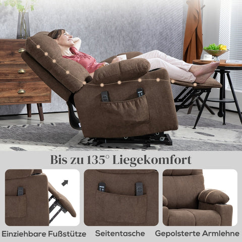 Rootz Electric Riser TV Recliner Chair - Massage Points - Footrest - Remote Control - Brown - Polyester Fabric - 91cm x 95cm x 109cm