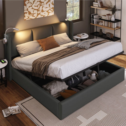 Rootz Double Bed with Storage - Spacious Bed - Cozy Sleeping - Integrated Reading Lamp - Solid Wood - 206L x 165W x 107H cm