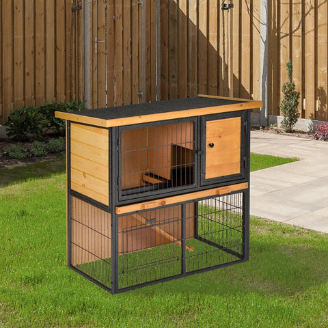 Rootz Small Animal Stable Hutch - Rabbit Cage - Guinea Pig Enclosure - Weatherproof - Non-Slip Ramp - Lockable Doors - 89.5cm x 45cm x 81cm