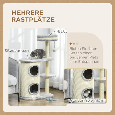 Rootz Cat Climbing Tree - Scratching Post - Cat Tree Tower - Cat Activity Center - Plush - Sisal Rope - Entertainment - 59cm x 35cm x 100cm