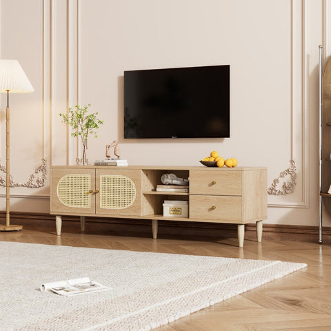 Rootz Oak Effect Rattan TV Cabinet - Entertainment Unit - Media Console - Adjustable Shelves - 150L x 40W x 50H cm