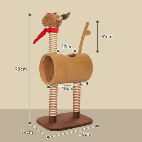 Rootz 98 cm Cat Tower - Kratzbaum - Scratching Post - Protects Furniture - Brown Deer Design - 34cm x 98cm x 48cm