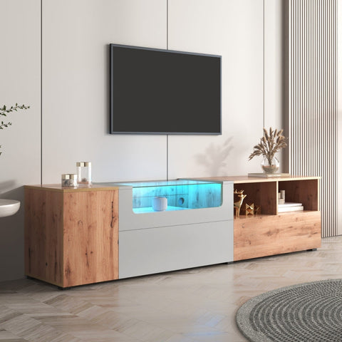 Rootz TV Cabinet - Entertainment Center - Media Stand - Ample Storage - 190cm x 40cm x 48cm - LED Lights - Glass Top - Rustic Modern Design