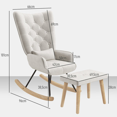 Rootz Lounge Chair with Stool - Rocking Chair - Upholstered Chair and Footstool - Velvet Padding - Rubber Wood Legs - Cream White - 66cm x 96cm x 101cm