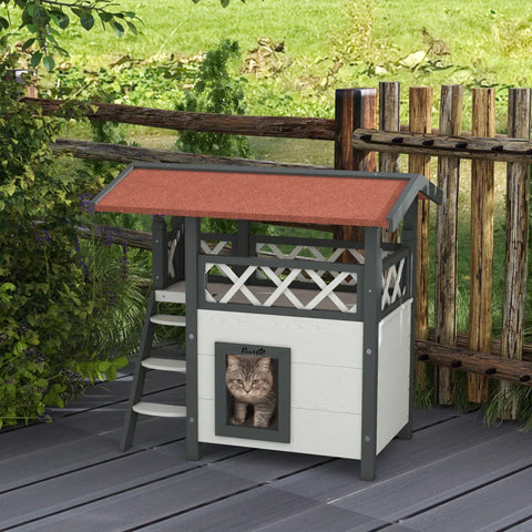 Rootz Cat House - Pet Kennel - Asphalt Roof - 2 Levels  1 Ladder - Fir Wood - White + Red - L77 x W50 x H73 cm
