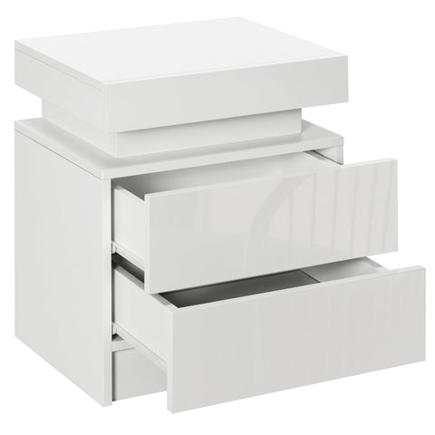 Rootz Bedside Table Nightstand - Modern Side Table - Glossy Bedside Unit - RGB LED Light - Two Drawers - 45W x 35D x 52H cm