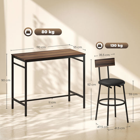 Rootz 5-Part Bar Table Set - Kitchen Dining Room Set - Industrial Design - Space-Saving Comfort - 55cm x 90cm Table, Stools 41.5cm x 47.5cm x 92cm