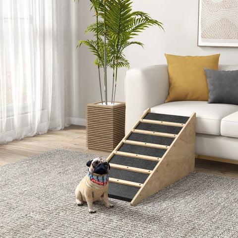 Rootz Pet Stairs - Dog Stairs - Pine Wood - Anti-Slip Coating - Multi-layer Board - Fir Wood - Natural + Gray - 90cm x 40cm x 45cm