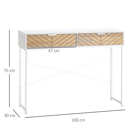 Rootz Console Table - Sofa Table - Entryway Table - Industrial Style - 2 Drawers - 100cm x 30cm x 75cm - Brown Chevron Metal Frame White