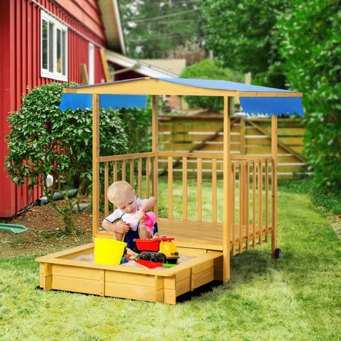 Rootz Sandpit - Sandpit With Playhouse - Sandpit With Roof - Children's Sandpit - Fir Wood - Natural + Blue - 133 x 129 x 137.5 cm