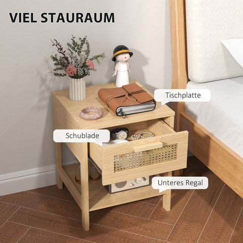 Rootz Bedside Night Cabinet - Side Table with Drawer - MDF - Rattan Design - 40 x 40 x 48.4 cm