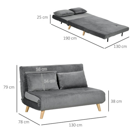 Rootz Velvet Sofa Bed Chair - Sleeper Chair - Recliner - Breathable Fabric - 130cm x 78cm x 79cm - Gray