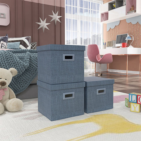 Rootz Storage Box Set - 3 Cubes - Collapsible Bins - Linen Look - Removable Lid - Side Handles - Space Saving - Blue - 30cm x 30cm x 29cm