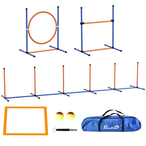 Rootz Dog Agility Set - 1 Slalom - Dog Course - 1 Hoop - Tennis Ball - L-shaped Ground Spike - Oxford Carry Bag - Plastic - Orange-blue - 352cm x 66cm x 69cm