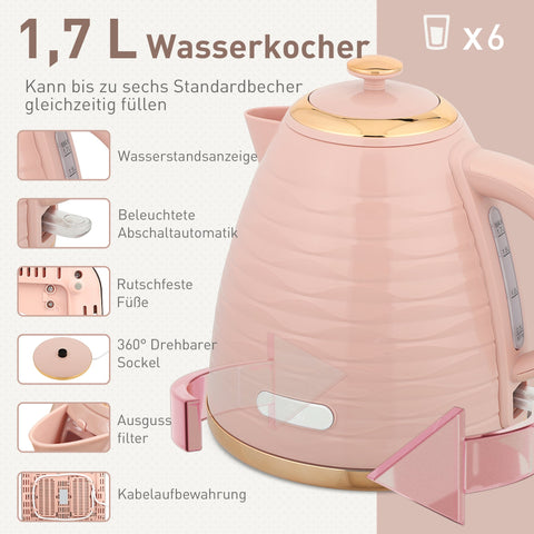Rootz Pink 2-in-1 Toaster and Kettle Set - Multifunction Kitchen Combo - Elegant Pebble Design - Seven Browning Levels - 24.1x19.5x23.2cm