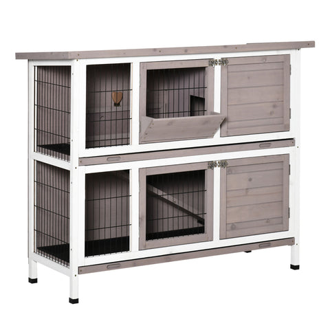 Rootz 2-Story Rabbit Cage - Pet Hutch - Animal Shelter - Solid Wood - Foldable Roof - 122 x 50 x 101 cm Grey White