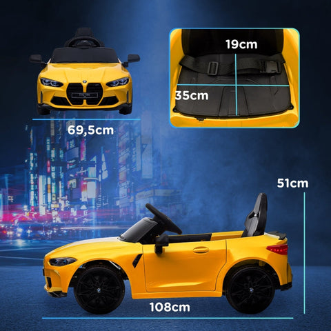 Rootz BMW M4 Electric Car for Kids - Ride On Toy - Battery Powered - 12V - 3-5km/h - Licensed - Remote Control - Working Lights - Music - Yellow - 108L x 69.5W x 51H cm