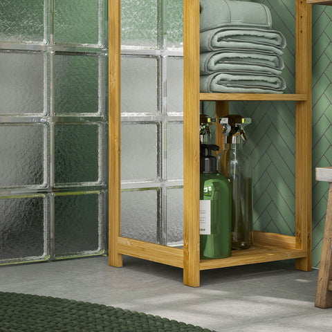 Rootz Tall Bathroom Cabinet - Bathroom Organizer - Bathroom Storage Unit - 6 Shelves & Mirror - Bamboo - 35W x 35D x 168H cm