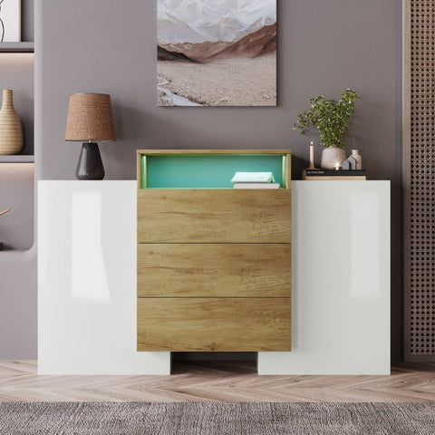 Rootz Modern Sideboard - High Gloss White - Stylish Storage Unit - Adjustable LED Lighting - 140L x 30W x 77.5H cm