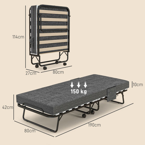 Rootz Folding Guest Bed - Camping Cot - Portable Sleeping Accommodation - Linen-Look Mattress - Steel Frame - 190cm x 80cm x 42cm