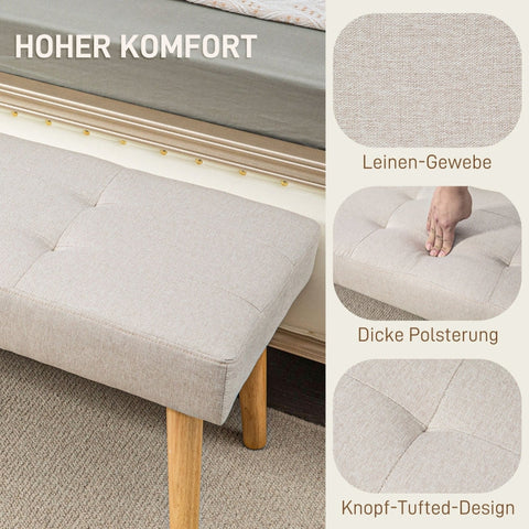 Rootz Upholstered Bench - Bedroom Bench - Window Seat - Thick Padding - Imitation Linen - Natural Wood Legs - 120cm x 41cm x 43cm