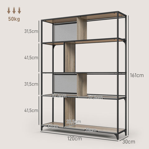 Rootz 5 Level Bookcase Storage Shelf - Industrial Shelf - Home Storage - Elegant Design - 120l x 30b x 161h cm