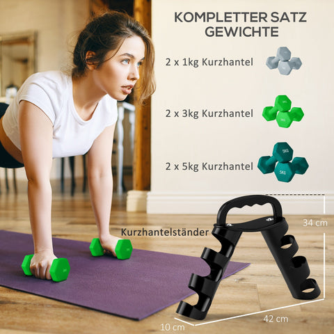 Rootz Dumbbell Set with Rack - Weight Set - Fitness Weights - Space-Saving - Dumbbell: 14x6x6, 19.5x8.5x8.5, 22x9.7x9.7cm - Rack: 42x10x30cm