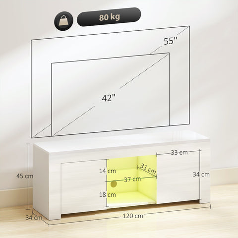 Rootz TV Cabinet - Entertainment Unit - Media Console - Enhances Atmosphere - 120cm x 34cm x 45cm - Chipboard, Glass, White with RGB LED Lights
