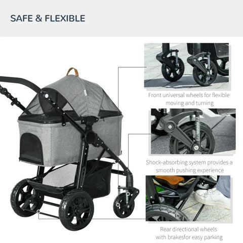 Rootz Folding Dog Buggy - Pet Stroller - Foldable Trolley - Shock absorbing - Adjustable Handlebar - Light Brown - 99cm x 62cm x 106cm